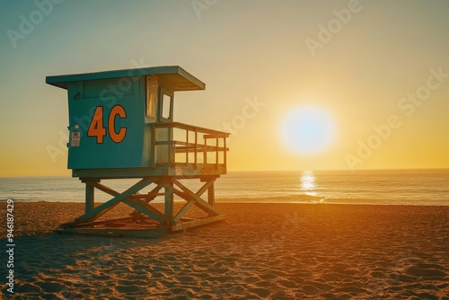 A beach lifeguard station at sunset, with the number 4 clearly visible.