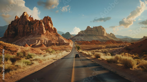 A lone car driving down an empty road through the desert, with towering red rock formations in the distance and the sun casting long shadows