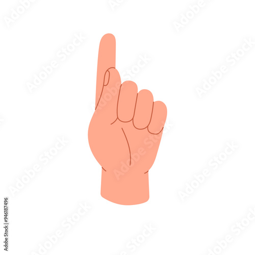 Person pointing upward icon. Hand gesture, index finger showing up. Raised forefinger indicates direction, route. Nonverbal communication, body language. Flat isolated vector illustration on white