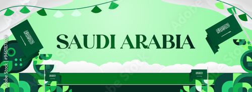 Saudi Arabia National Independence Day wide banner. Modern geometric abstract background in colorful style for Saudi Arabian holiday. Saudi Arabia National Day greeting card design with country flag.