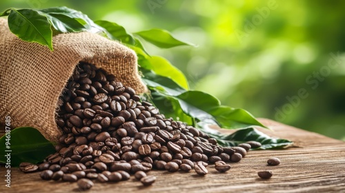 Coffee beans tumbling out of a burlap sack onto a rustic wooden table with a coffee plant in the backdrop