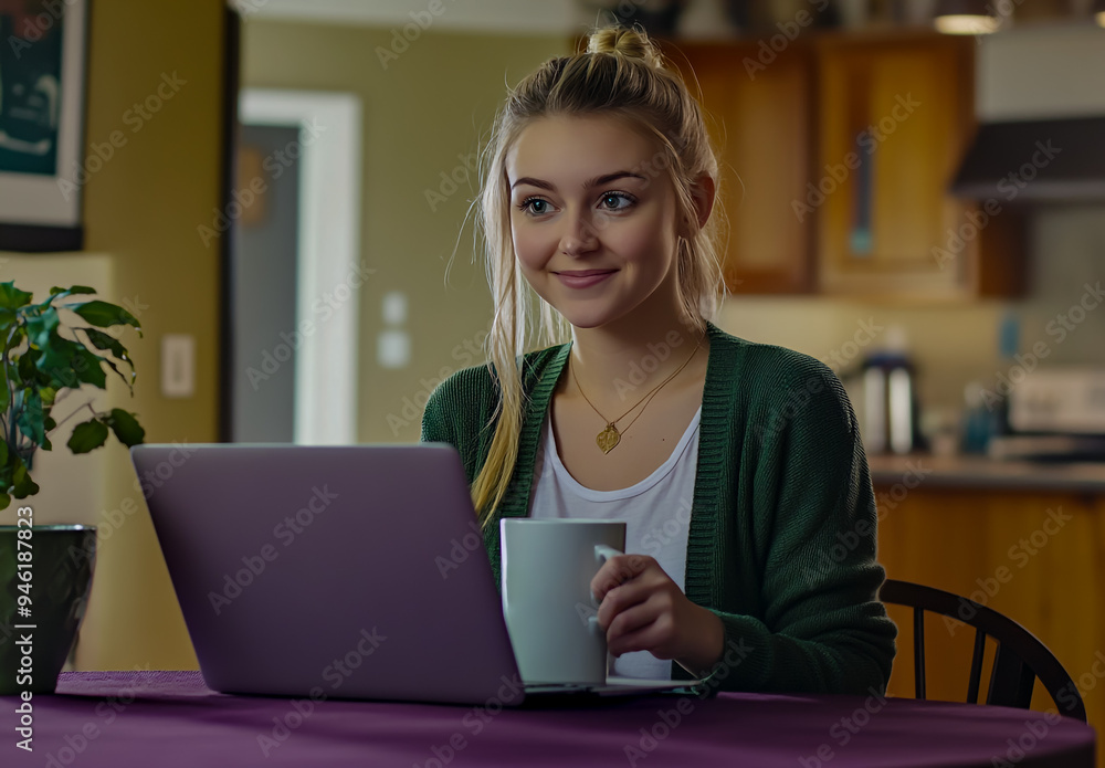 A woman sits at home on her laptop, sipping coffee and watching the news in her living room. A woman sits at home on her laptop, sipping coffee and watching the news in her living room.