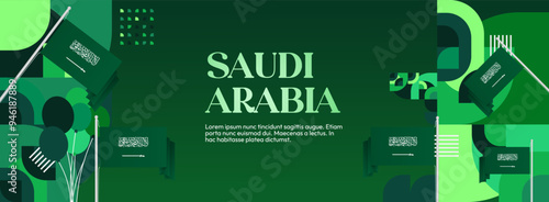 Saudi Arabia National Independence Day wide banner. Modern geometric abstract background in colorful style for Saudi Arabian holiday. Saudi Arabia National Day greeting card design with country flag.