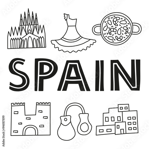 Spanish national landmarks and attractions in doodle style isolated on white background. Welcome poster. Spanish tourism concept.