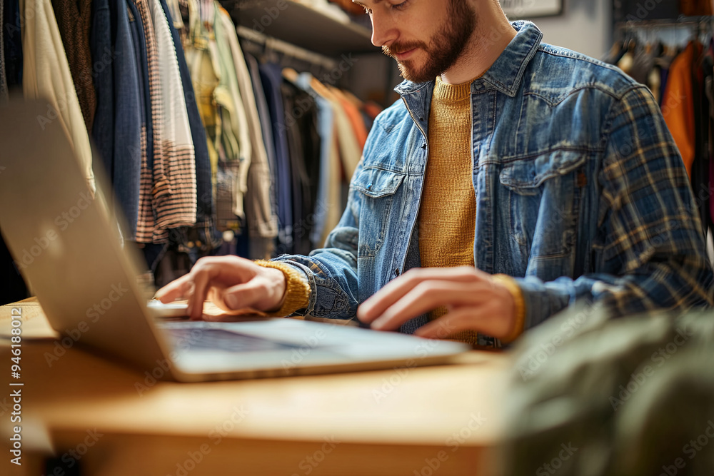 Young man buying clothing online and running blog
Young man buying clothing online and running blog