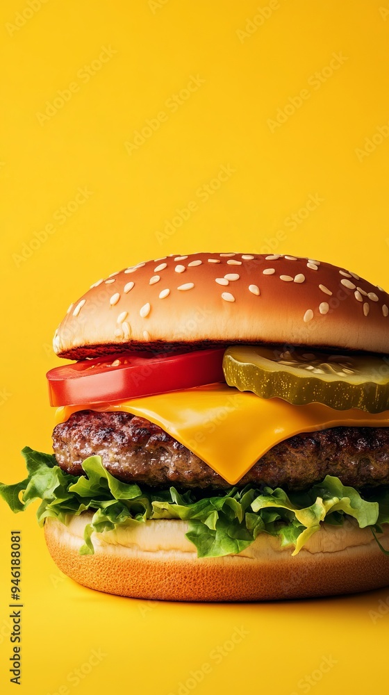 Delicious burger with melted cheese resting on vibrant yellow background Delicious burger with melted cheese resting on vibrant yellow background