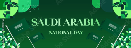 Saudi Arabia National Independence Day wide banner. Modern geometric abstract background in colorful style for Saudi Arabian holiday. Saudi Arabia National Day greeting card design with country flag.