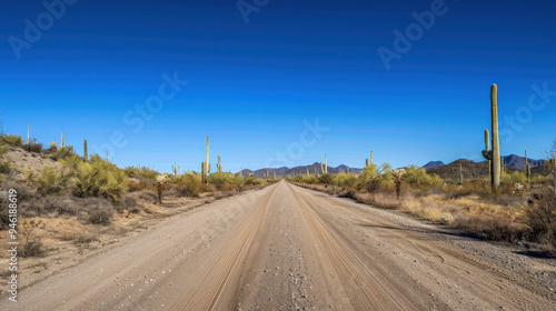 A deserted road through a stark, arid desert, with cacti and scrub brush lining the sides, the sky a deep, cloudless blue, emphasizing isolation and vastness