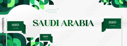 Saudi Arabia National Independence Day wide banner. Modern geometric abstract background in colorful style for Saudi Arabian holiday. Saudi Arabia National Day greeting card design with country flag.