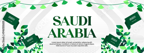 Saudi Arabia National Independence Day wide banner. Modern geometric abstract background in colorful style for Saudi Arabian holiday. Saudi Arabia National Day greeting card design with country flag.
