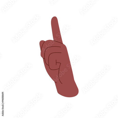 Hand gesture of raised forefinger pointing upward direction. Black index finger showing up. Sign of shush, silence. Nonverbal communication, body language. Flat isolated vector illustration on white
