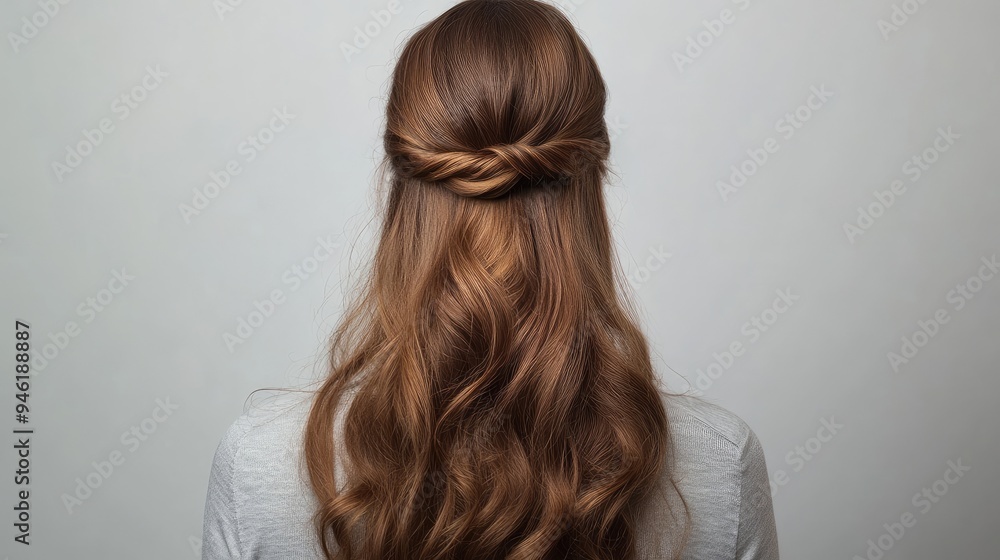 Fototapeta premium A chic half-up, half-down hairstyle with loose curls, perfect for both casual and formal settings