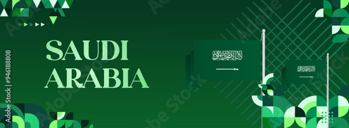 Saudi Arabia National Independence Day wide banner. Modern geometric abstract background in colorful style for Saudi Arabian holiday. Saudi Arabia National Day greeting card design with country flag.