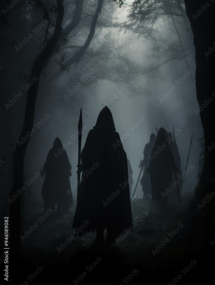 Shadowy Figures in the Mist: A haunting image of cloaked figures wielding spears, their faces obscured by darkness, they walk through a dense and mystical forest, their path illuminated by an etherea Shadowy Figures in the Mist: A haunting image of cloaked figures wielding spears, their faces obscured by darkness, they walk through a dense and mystical forest, their path illuminated by an etherea