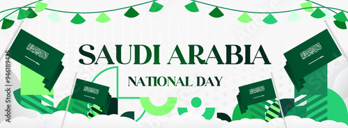 Saudi Arabia National Independence Day wide banner. Modern geometric abstract background in colorful style for Saudi Arabian holiday. Saudi Arabia National Day greeting card design with country flag.