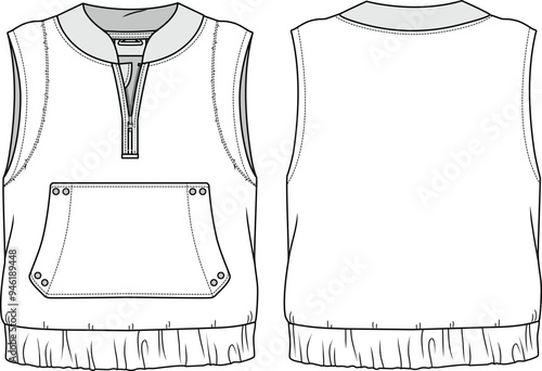 UNISEX WEAR WAISTCOAT VEST FLAT SKETCH FRONT AND BACK VECTOR ILLUSTRATION