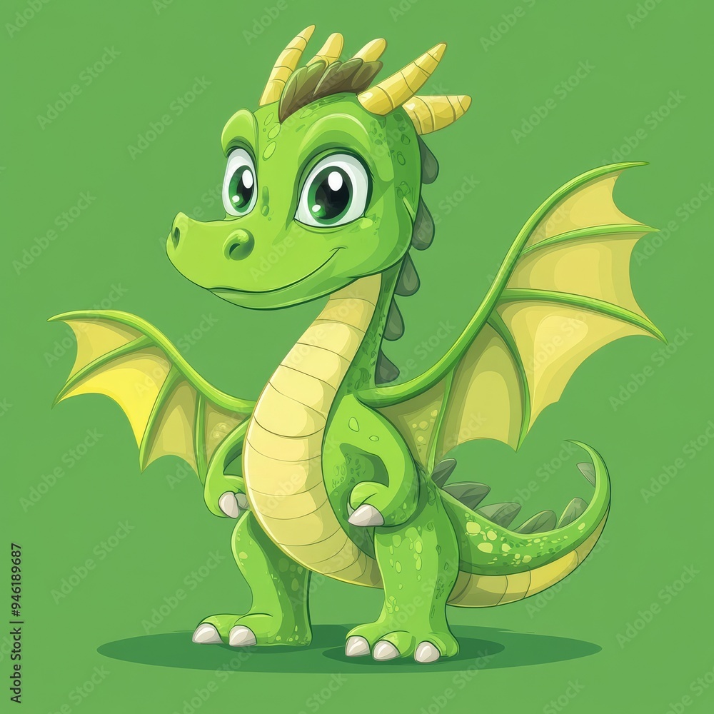 Fototapeta premium A Cartoon Green Dragon with Yellow Wings and Big Eyes