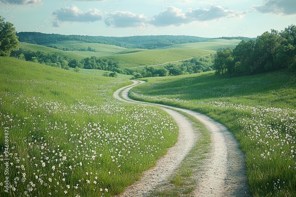 A peaceful country road winding through rolling hills, lined with wildflowers and tall grasses A peaceful country road winding through rolling hills, lined with wildflowers and tall grasses