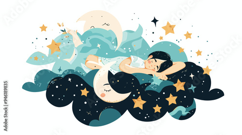 Sweet Night Dreams Flat Vector Isolated on White Background