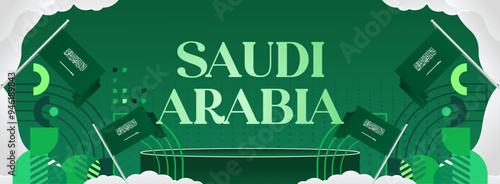 Saudi Arabia National Independence Day wide banner. Modern geometric abstract background in colorful style for Saudi Arabian holiday. Saudi Arabia National Day greeting card design with country flag.
