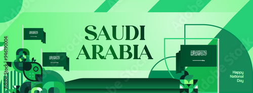 Saudi Arabia National Independence Day wide banner. Modern geometric abstract background in colorful style for Saudi Arabian holiday. Saudi Arabia National Day greeting card design with country flag.