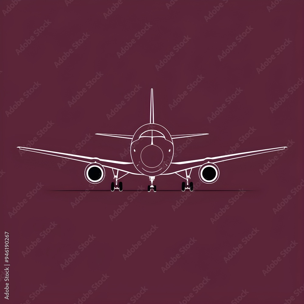 A sleek and minimalist 2D illustration of an airplane, depicted in a static front view with a monochromatic black and maroon design, emphasizing clean lines and shape A sleek and minimalist 2D illustration of an airplane, depicted in a static front view with a monochromatic black and maroon design, emphasizing clean lines and shape