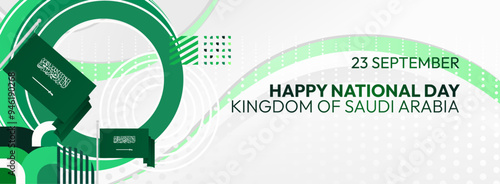 Saudi Arabia National Independence Day wide banner. Modern geometric abstract background in colorful style for Saudi Arabian holiday. Saudi Arabia National Day greeting card design with country flag.