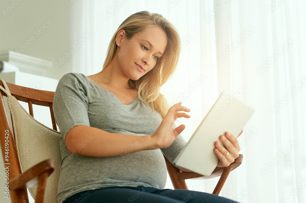 Typing, online and woman with tablet, pregnant and planning for birth of baby, smile and research. Digital, happy and person with app for learning of motherhood, health and growth of stomach in house Typing, online and woman with tablet, pregnant and planning for birth of baby, smile and research. Digital, happy and person with app for learning of motherhood, health and growth of stomach in house