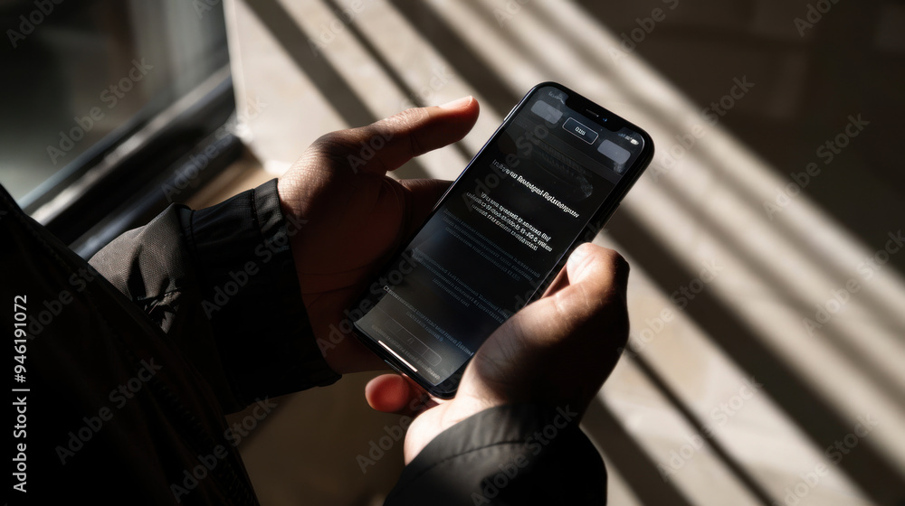 A close-up of a hand holding a smartphone, with the screen showing a warning about data breaches, surrounded by shadows to emphasize privacy concerns A close-up of a hand holding a smartphone, with the screen showing a warning about data breaches, surrounded by shadows to emphasize privacy concerns
