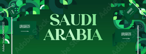 Saudi Arabia National Independence Day wide banner. Modern geometric abstract background in colorful style for Saudi Arabian holiday. Saudi Arabia National Day greeting card design with country flag.