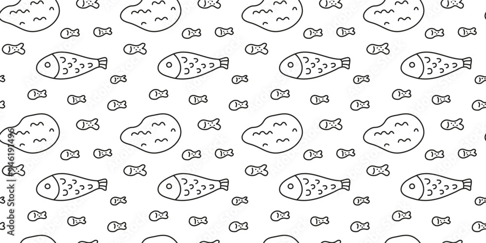 Cute black an white seamless pattern with doodle outline fishes and lake icons. Cute black an white seamless pattern with doodle outline fishes and lake icons.