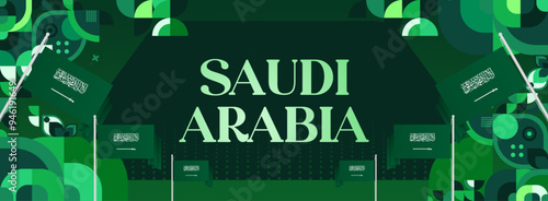 Saudi Arabia National Independence Day wide banner. Modern geometric abstract background in colorful style for Saudi Arabian holiday. Saudi Arabia National Day greeting card design with country flag.
