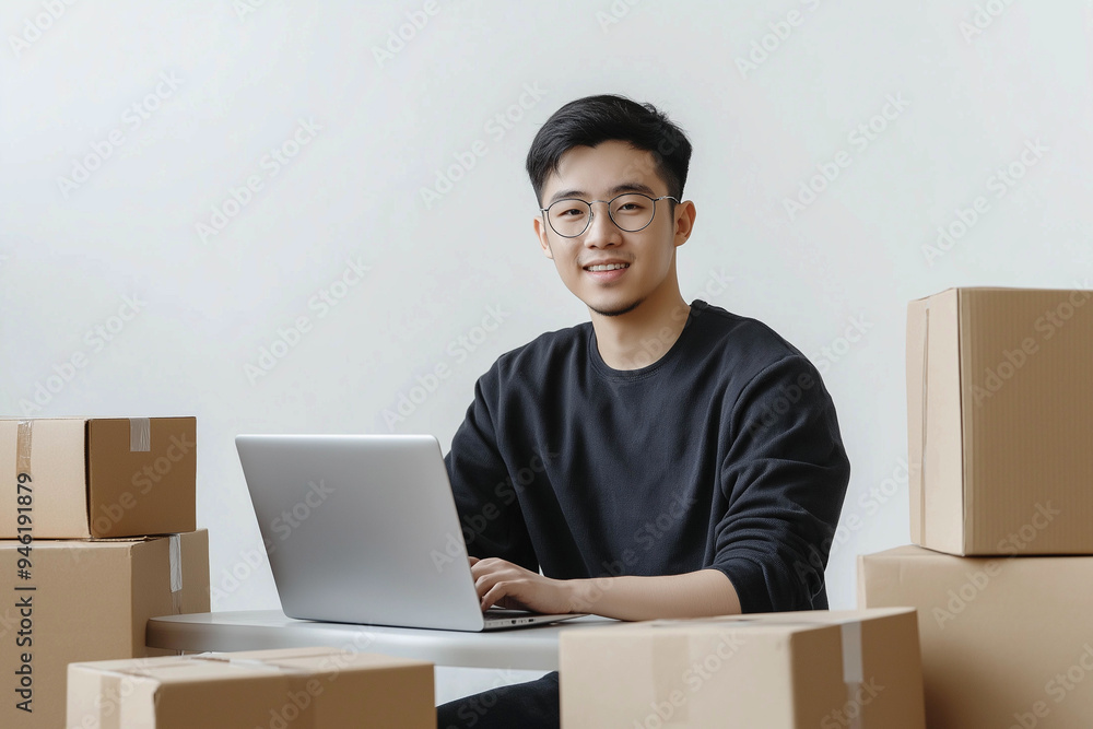 A young man with glasses of Asian appearance, an online store specialist, sits at a table with a laptop, surrounded by boxes of products, on a white background A young man with glasses of Asian appearance, an online store specialist, sits at a table with a laptop, surrounded by boxes of products, on a white background