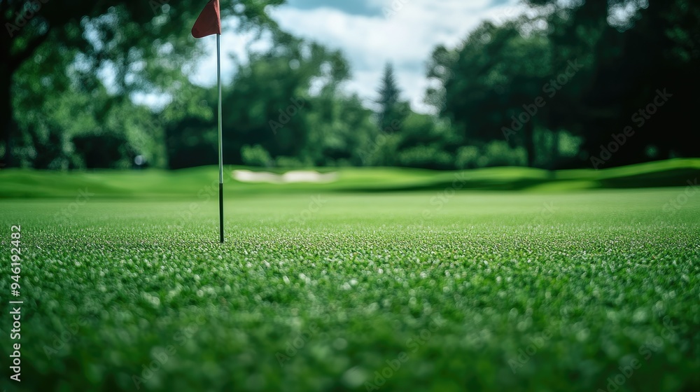 Obraz premium A close-up of a golf course framed, with a blurred flagstick in the background, capturing the focus of the game