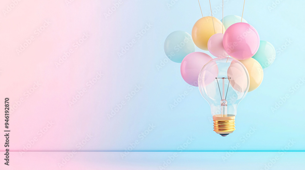 A light bulb floats among colorful balloons, symbolizing creativity and inspiration. soft pastel colors evoke sense of joy and whimsy. A light bulb floats among colorful balloons, symbolizing creativity and inspiration. soft pastel colors evoke sense of joy and whimsy.