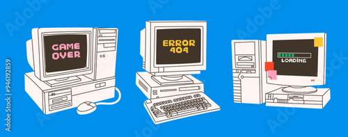 Retro vintage Computers set. Old PC with monitor, keyboard. Old style technology. Hand drawn trendy Vector illustration. Isolated design elements. Vintage gadgets. Print, logo, design templates