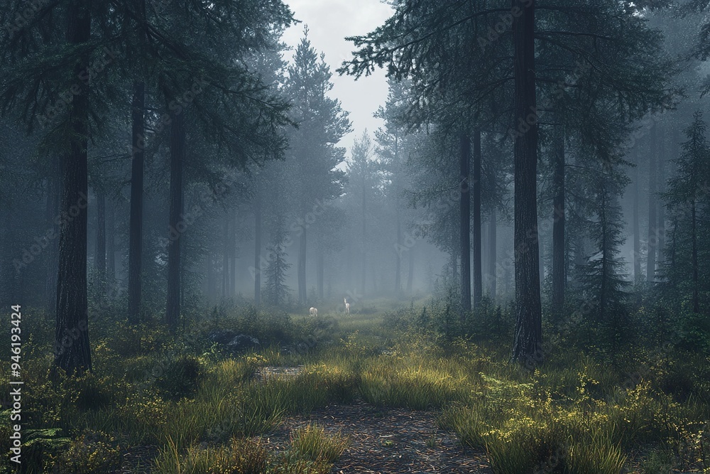A quiet, foggy forest with tall pine trees, a carpet of fallen needles, and a distant deer A quiet, foggy forest with tall pine trees, a carpet of fallen needles, and a distant deer