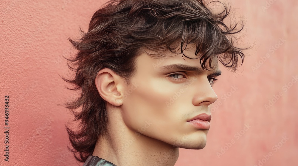 A close-up of a man with a mullet hairstyle, showcasing a bold and retro-inspired look A close-up of a man with a mullet hairstyle, showcasing a bold and retro-inspired look