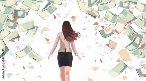 Elegant Businesswoman Surrounded by Flying Money Banknotes