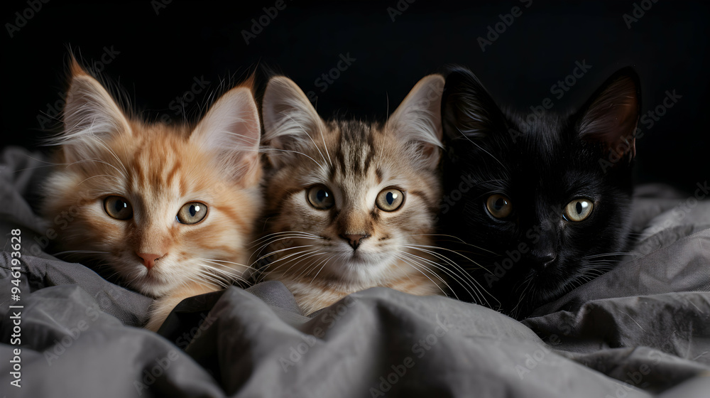 Group Pets Lying Bed Black Backgrou Group Pets Lying Bed Black Backgrou