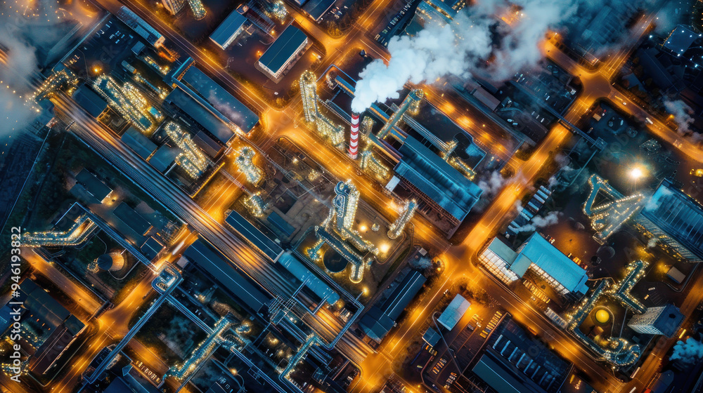 Aerial perspective of a city industrial area at night, with factories and warehouses illuminated, smoke rising from chimneys, and a network of glowing roads connecting the area Aerial perspective of a city industrial area at night, with factories and warehouses illuminated, smoke rising from chimneys, and a network of glowing roads connecting the area