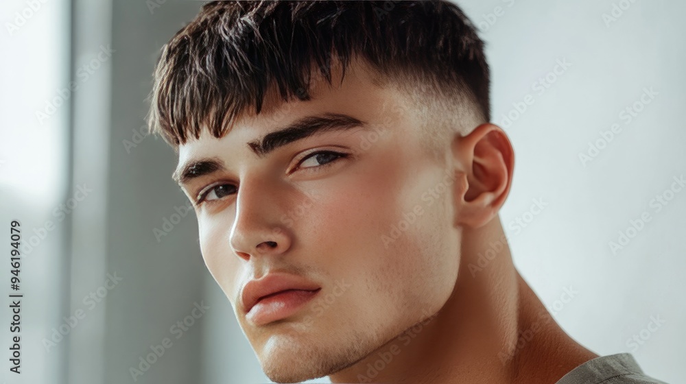 A close-up of a man with a textured crop cut, blending short sides with a choppy top A close-up of a man with a textured crop cut, blending short sides with a choppy top