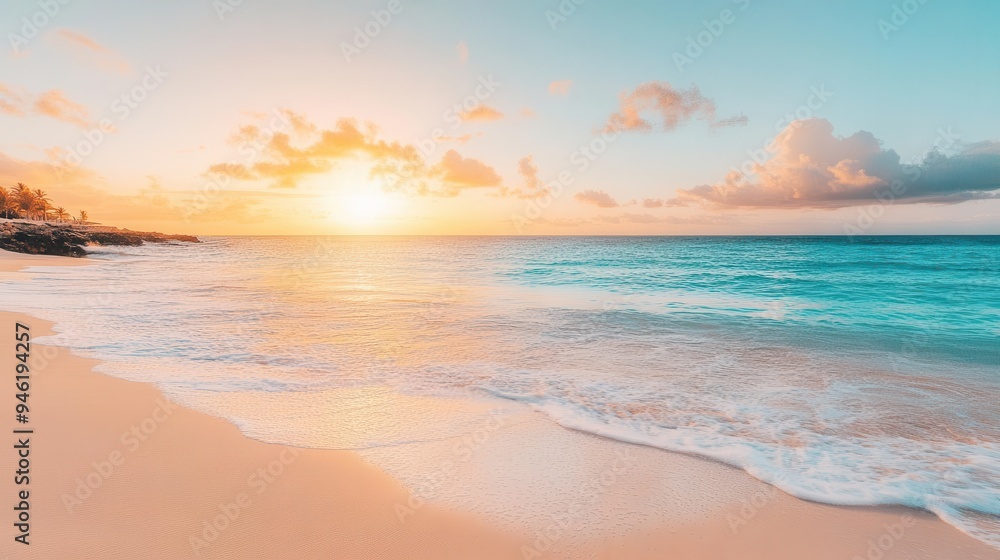 A beach wallpaper showing calm ocean with beautiful sky, clouds, and the sun A beach wallpaper showing calm ocean with beautiful sky, clouds, and the sun