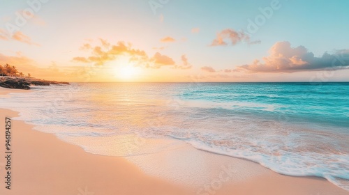 A beach wallpaper showing calm ocean with beautiful sky, clouds, and the sun