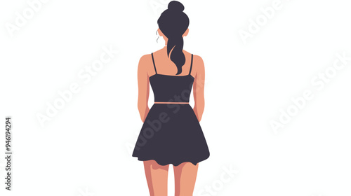 Stylish Rear View of Young Woman in Short Dress Flat Vector Illustration