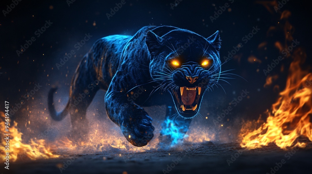 Angry black jaguar with open mouth and fiery mane, Glowing yellow eyes, jumping, blue fire flames and sand at night background. Intense Black Panther with Fierce Glowing Eyes in Blue Fiery Ambience
Angry black jaguar with open mouth and fiery mane, Glowing yellow eyes, jumping, blue fire flames and sand at night background. Intense Black Panther with Fierce Glowing Eyes in Blue Fiery Ambience