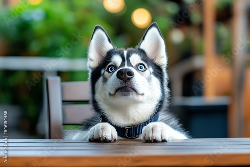 Funny Siberian Husky acting like a human, captured in a photo where the dog is sitting upright on a chair, as if itâ€™s ready for a conversation photo