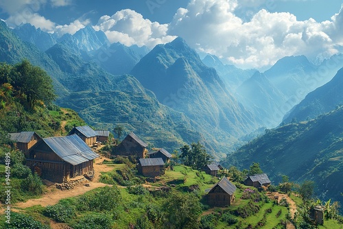 Wallpaper Mural A remote mountain village nestled in a valley, surrounded by towering peaks and a deep blue sky Torontodigital.ca