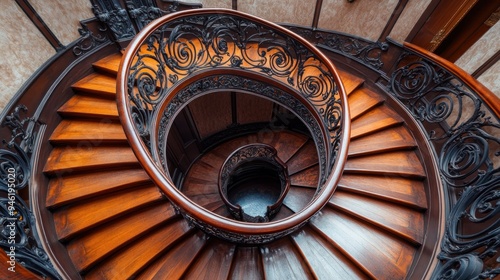 Spiral Staircase with Intricate Iron Railing