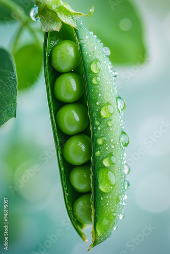 Perfect green peas in pea pod covered with water drops. Macro shot
 photo